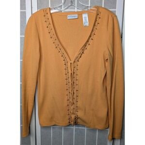 Villager Liz Claiborne Cardigan Women Medium Mustard Gold Beaded Long Sleeve Top